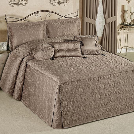 Cambridge Classic Luxury Bedding | Neutral Mink-hued Solid Color Polyester Satin | Elaborate Damask Quilting | Generous 21 Inch Drop | 3 Pc Bed Set Includes Oversized Full Bedspread & 2 Standard Shams