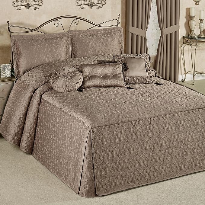 Cambridge Classic Luxury Bedding | Neutral Mink-Hued Solid Color Polyester Satin | Elaborate Damask Quilting | 6 Pc Bed Set Includes Oversized Full Bedspread, 2 Standard Shams, & 3 Decorative Pillows