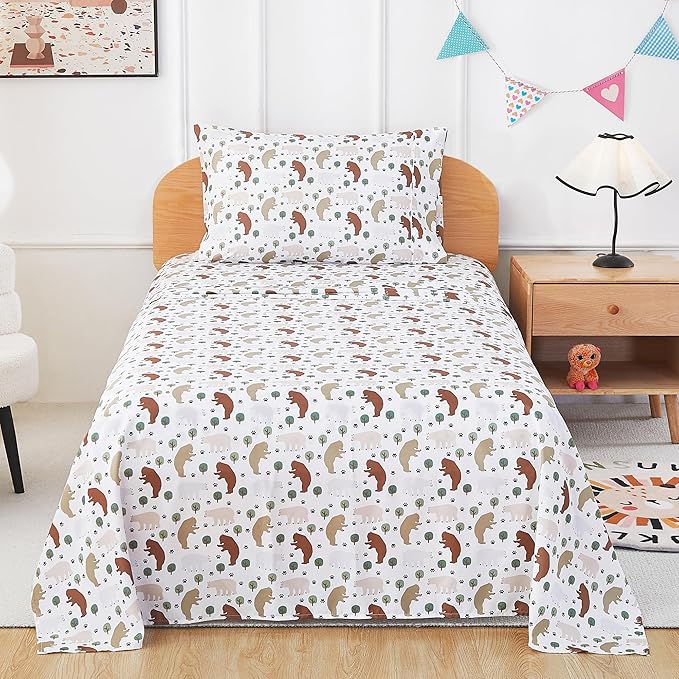 Kids Sheet Set Twin Size, Twin Sheet Set with Forest Bear Pattern，Breathable Silky Soft Microfiber Kids Fitted Sheet