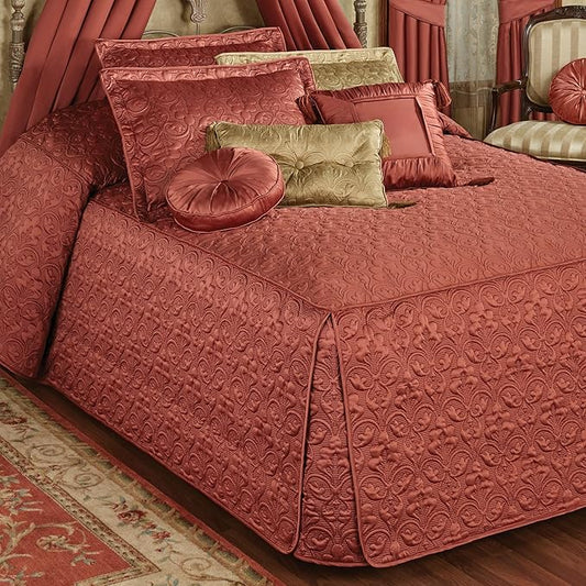 Cambridge Classic Luxury Bedding | Warm Cinnabar Solid Color Polyester Satin | Elaborate Damask Quilting | Generous 21 Inch Drop | 3 Piece Bed Set Includes Oversized Full Bedspread & 2 Standard Shams
