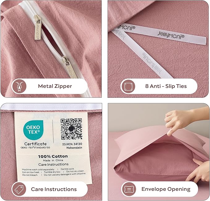 JELLYMONI Duvet Cover Twin Size - 100% Washed Cotton Comforter Cover with Linen-Like Texture, Breathable & Soft Bedding for Modern Home, Guest Room and Everyday Use,1 Duvet Cover & 1 Pillowcase