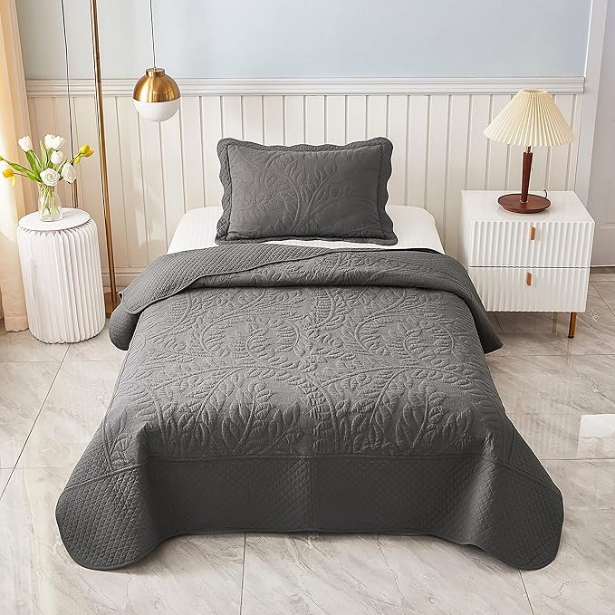 MarCielo 3-Piece 100% Cotton Oversized Bedspread Lightweight Quilt Coverlet Embroidery Farmhouse Bedding Set T0 (Dark Grey, Twin (68"x86"))