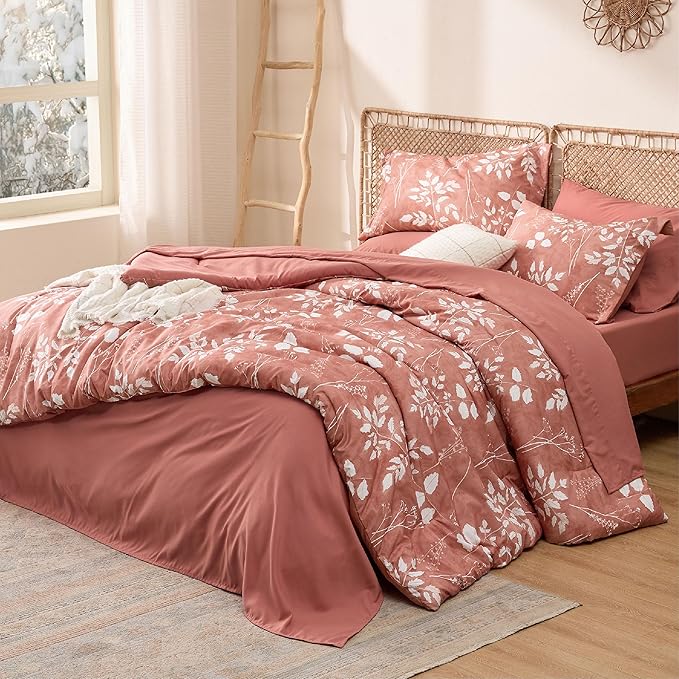 Bedsure Dusty Pink Full Comforter Set - 7 Pieces Floral Bedding Sets, Full Bed in a Bag with Reversible Botanical Flowers Comforter, Sheets, Pillowcases & Shams