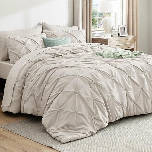 Bedsure King Comforter Set Linen - Bed in a Bag Bedding Set 7 Pieces, GentleSoft™ Pintuck Bed Set Gift for Family, Pinch Pleat All Season Comforter with Sheets, Pillowcases & Shams