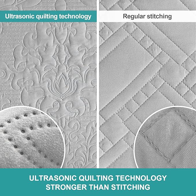Hansleep Grey Quilt Queen Size - Damask Ultrasonic All Season Bedspread Queen, Soft Lightweight Coverlet Bedding Set, 3 Pieces (1 Quilt, 2 Pillow Shams)