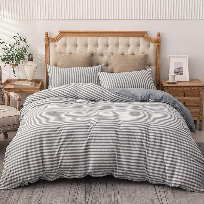 PURE ERA Jersey Knit Duvet Cover Set 100% T-Shirt Heather Cotton Super Soft Comfy Classic Striped Design, with Zipper Closure, Heather Blueish Grey Stripe, Cal King