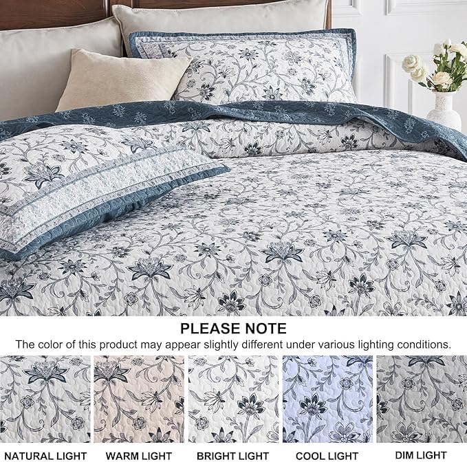 Oversized King Bedspreads 120"x120" - 100% Cotton California King Quilt, Farmhouse Blue Floral Pattern, Extra Large Quilted Coverlet, Lightweight Reversible XL Bedding Set, 3 Pcs