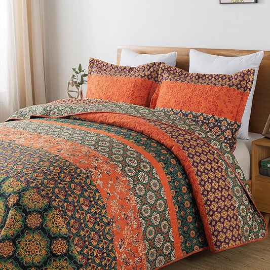 HoneiLife Quilt Sets Queen Size - 3 Pieces Microfiber Quilt Lightweight Bedspreads Wildflower Coverlets Retro Bed Cover Queen Quilt Bedding Set All Season Quilts-Pumpkin
