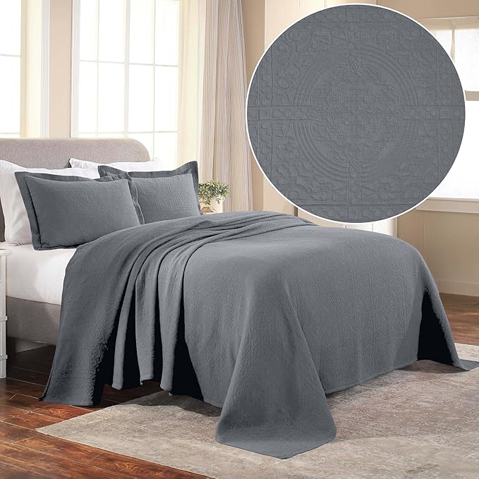 Superior Cotton Fleur De Lis Bedspread Set, Warm Blankets, All-Season Bedding, Bedroom Decor, Decorative Boho Medallion Coverlet, Includes 1 Bedspread, 2 Pillow Shams, King, Grey