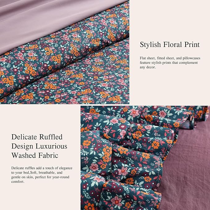 Full Comforter Set - 7 Pieces Ruffle Purple Ditzy Bedding Sets, Shabby Chic Farmhouse Bed in a Bag with Ruffle Comforter, Sheets, Pillowcases & Shams