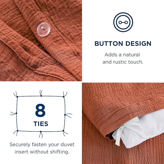 Bedsure 100% Muslin Cotton Duvet Cover Queen Size - Ultra-Soft, Breathable & Lightweight - Linen Like Gauze Comforter Cover Set with Button Closure and Corner Ties (Terracotta, Queen, 90"x90")