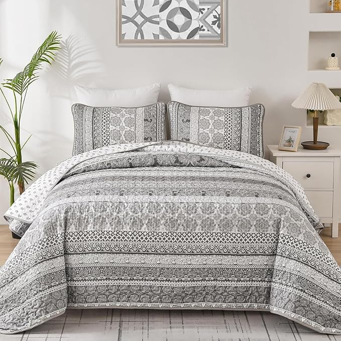 WONGS BEDDING Boho Quilt Set Full Size, Grey Bohemian 3 Pieces Quilt Sets, Lightweight Microfiber Bedspread Coverlet Bedding Set for All Season (78"x90")