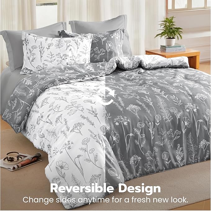 Joiedomi Twin Comforter Set Grey, 2 Pieces Floral Twin Bedding Set with 1 Soft Reversible Botanical Comforter and 1 Pillow Sham, Bed in a Bag for All Seasons