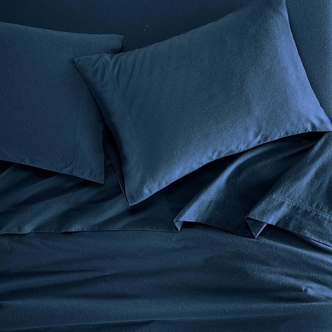 Superior Flannel Cotton Bed Sheet Set, Set Includes: One Flat Sheet, One Fitted Sheet and One Pillowcase, Breathable, Modern Solid Classic, Twin, Navy Blue