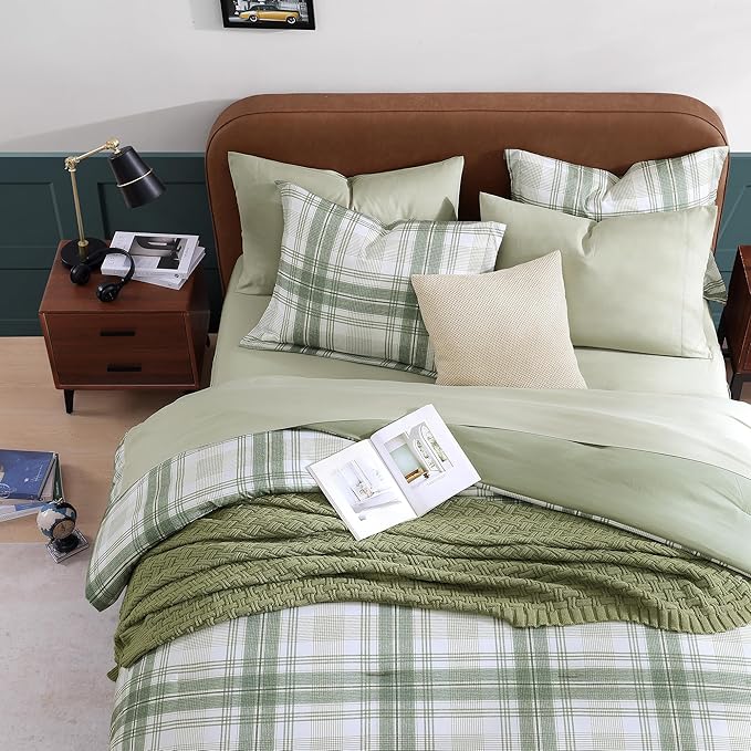 Twin XL Comforter Set, Green Plaid Bedding Set 5 Piece for Boys Girls Teen, Classic Homestead-Style Kids Comforter Set Bed in A Bag with Sheets, Pillowcase & Sham