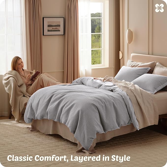 Bedsure Cotton Duvet Cover Set - 100% Cotton Waffle Weave Grey Duvet Cover California King Size, GentleSoft™ and Breathable Cal King Bedding Set for All Season, 3 Pieces, 104"x98"