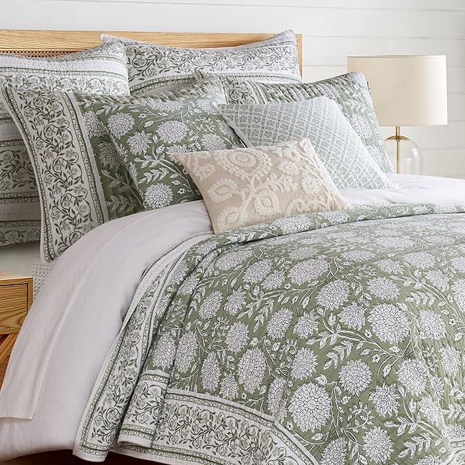 Levtex Home Adare Sage Reversible Twin/Twin XL Quilt Set (68x86in) with 1 Pillow Sham (26x20in) - Floral Bedding - Sage White - Cotton Twin Size Quilt Bedding Set - Lightweight, Soft, Pre-Washed