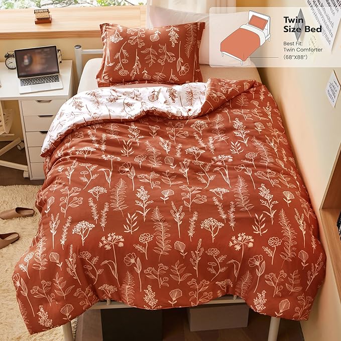Joiedomi Twin Comforter Set Terracotta, 2 Pieces Floral Twin Bedding Set with 1 Soft Reversible Botanical Comforter and 1 Pillow Sham, Bed in a Bag for All Seasons