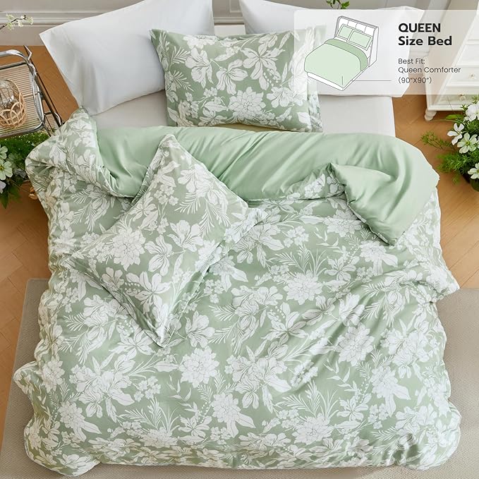 Joiedomi Full Size Comforter Set Sage Green, 3 Pieces Floral Full Bedding Set with 1 Soft Reversible Botanical Flower Comforter and 2 Pillow Shams, Bed in a Bag for All Seasons