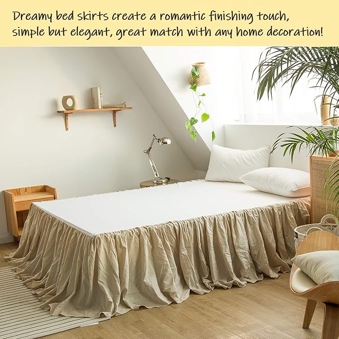 BISELINA French Linen Bed Skirt with Pleated Frills 22-Inch Tailored Drop Natural Flax Cotton Blend Dust Ruffle Soft Cozy Farmhouse Bedding (22" Queen, Linen)