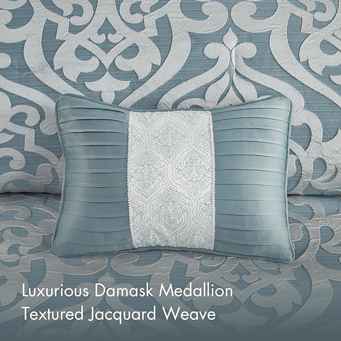 Madison Park Odette Cozy Comforter Set Jacquard Damask Medallion Design - Modern All Season, Down Alternative Bedding, Shams, Decorative Pillows, Queen(90 in x 90 in), Aqua
