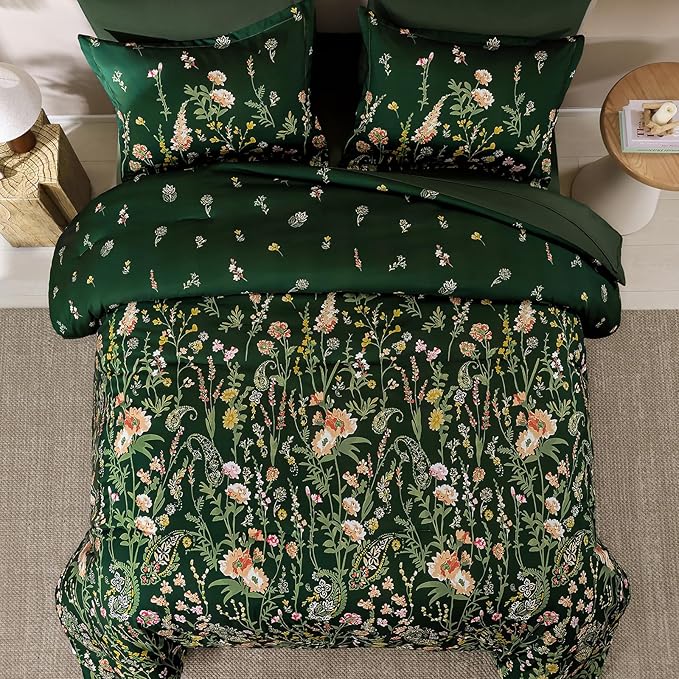 Yiran Comforter Set King Size Dark Green, 7 Piece Floral Flowers Comforter Bedding Set, Bed in a Bag King, Soft Microfiber Complete Bedding Set with Sheets for All Season