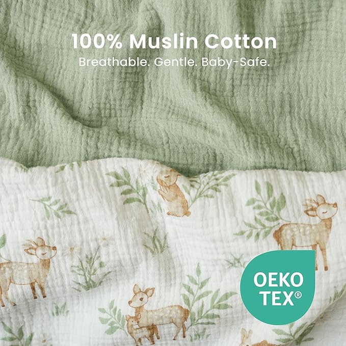 Konssy 2 Pack Muslin Bassinet Sheets for Boys, Girls, 100% Cotton Soft Breathable Fitted Bassinet Mattress Sheet, 33 x 21 inches (Woodland,Sage)
