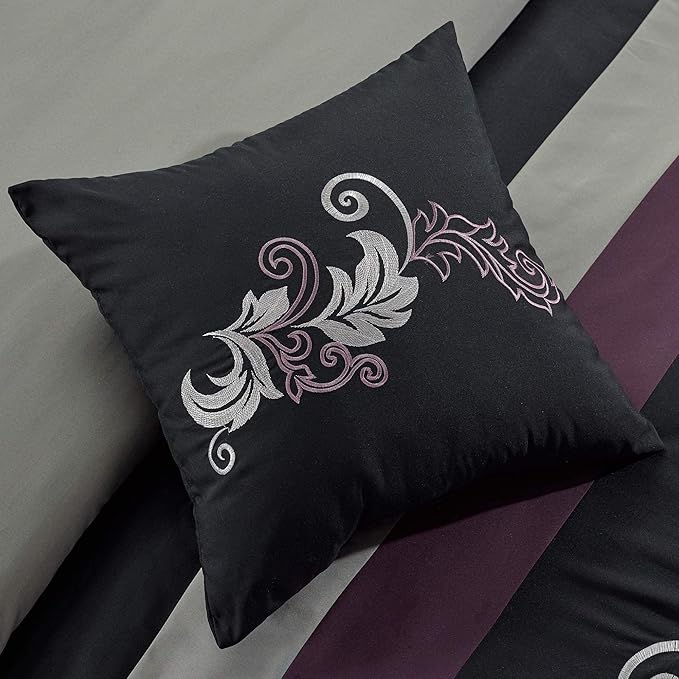Chezmoi Collection Napa 7-Piece Luxury Leaves Scroll Embroidery Bedding Comforter Set (Oversized King, Purple/Black/Gray)