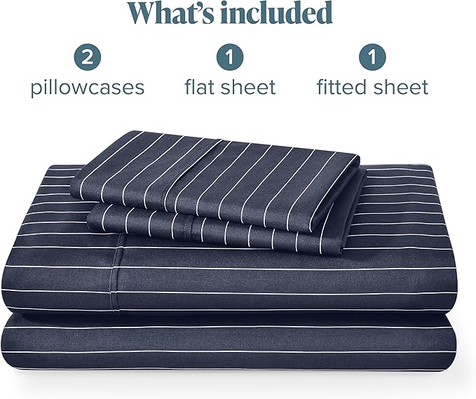 Bare Home Queen Sheet Set - Luxury 1800 Ultra-Soft Microfiber Double Brushed - Deep Pockets - Easy Fit - 4 Piece Set (Queen, Pinstripe - Midnight/White)