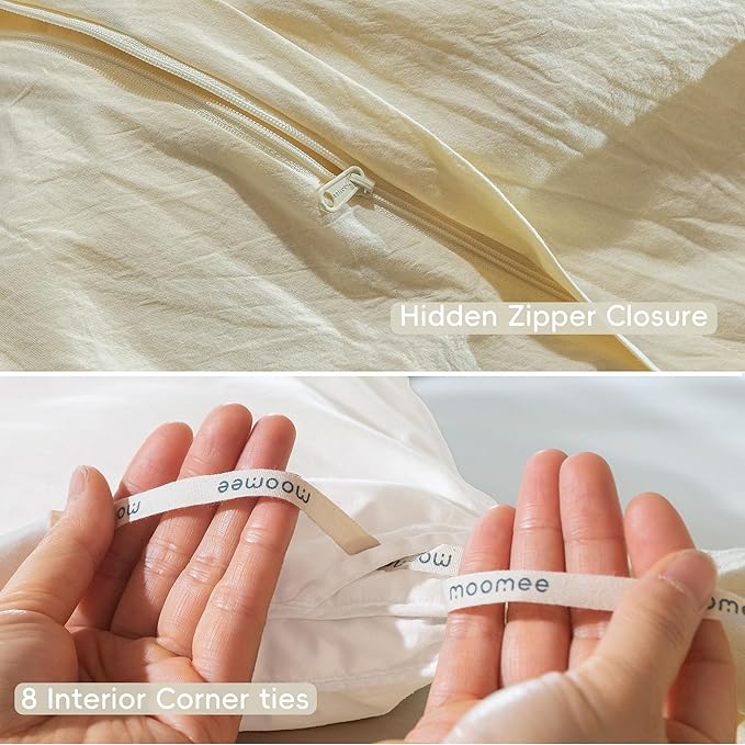MooMee Bedding Duvet Cover Set 100% Washed Cotton Linen Like Textured Breathable Durable Soft Comfy (Solid Cream, Super King 108"x90")