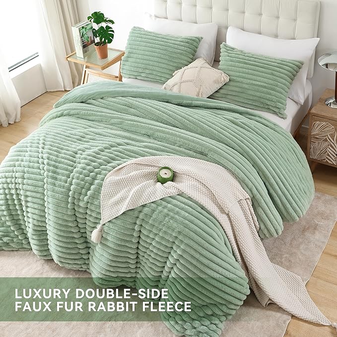 Smoofy Fluffy King Size Comforter Set 3 Pieces - Sage Green Fleece Fluffy Comforter Set, Luxury Fuzzy King Bedding Set, Soft King Bed Set All Season, Heavy Faux Fur Comforter with 2 Pillow Cases