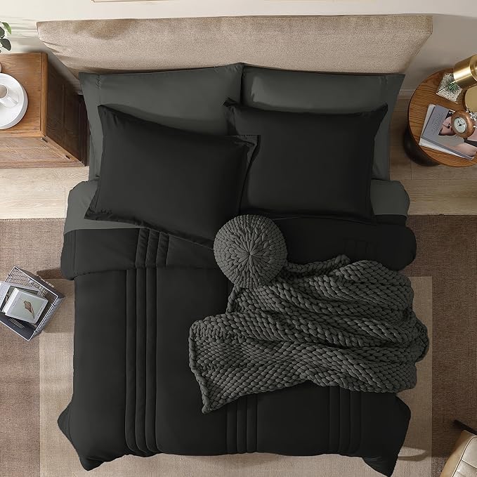 Monbix King Size Comforter Set - 7 Pieces Bed in a Bag King, Black Bedding Sets with Comforter, All Seasons Comforter Bed Set with Sheets, Pillowcases & Shams