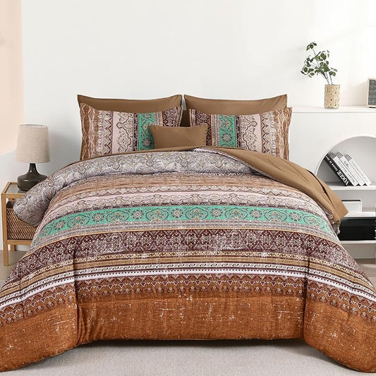 Boho King Size Comforter Set 8 Pieces, Brown Bohemian Striped Bed in a Bag, Paisley Soft Microfiber Bedding Comforter Set