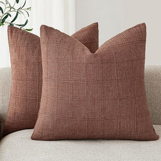 Foindtower Set of 2 Decorative Linen Check Throw Pillow Covers Neutral Farmhouse Vintage Cushion Covers Modern Boho Home Decor for Sofa Chair Couch Bedroom Living Room,26×26 Inch,Autumnal Red