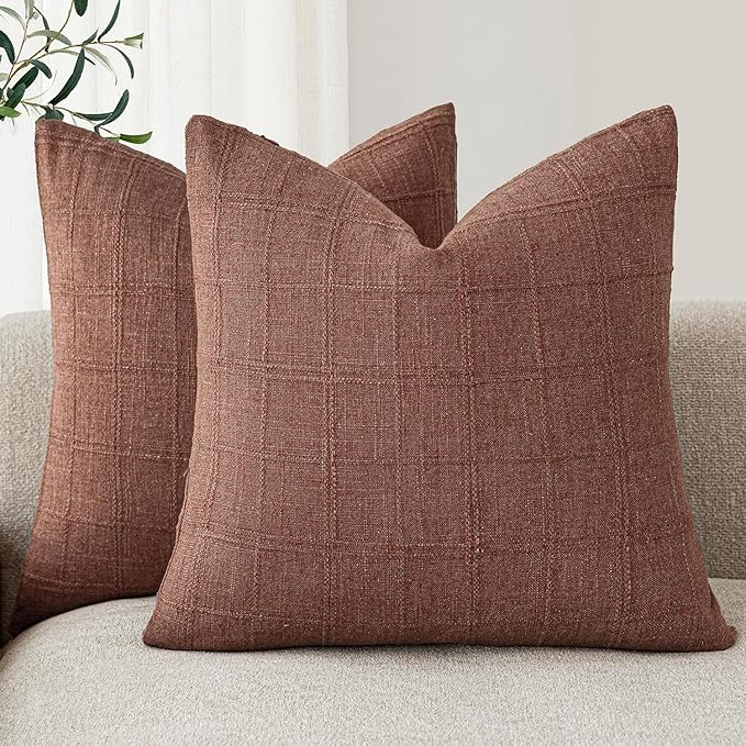 Foindtower Set of 2 Decorative Linen Check Throw Pillow Covers Neutral Farmhouse Vintage Cushion Covers Modern Boho Home Decor for Sofa Chair Couch Bedroom Living Room,20×20 Inch,Autumnal Red