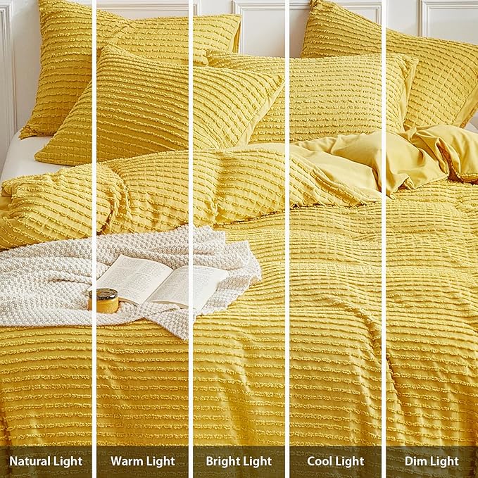 WARMDERN Boho Duvet Cover Set King Size,Yellow Striped Duvet Cover Microfiber Bedding Set,3PCS Ultra Soft Breathable Lightweight Tuft Texture Pattern Duvet Covers with Zipper Closure(Yellow,King)