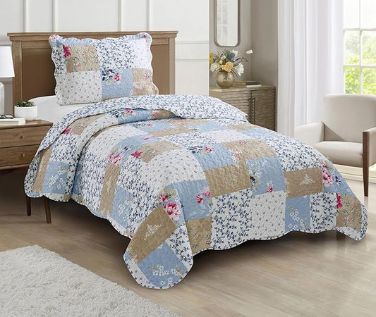 Brilliant Sunshine Pink and Blue Roses Toile Quilt Set, 2-Piece Bedding Sets, Lively Patchwork Design, Washable, Reversible Bedspread, Soft Lightweight Coverlet, All-Season, Twin/Twin XL, Blue Natural