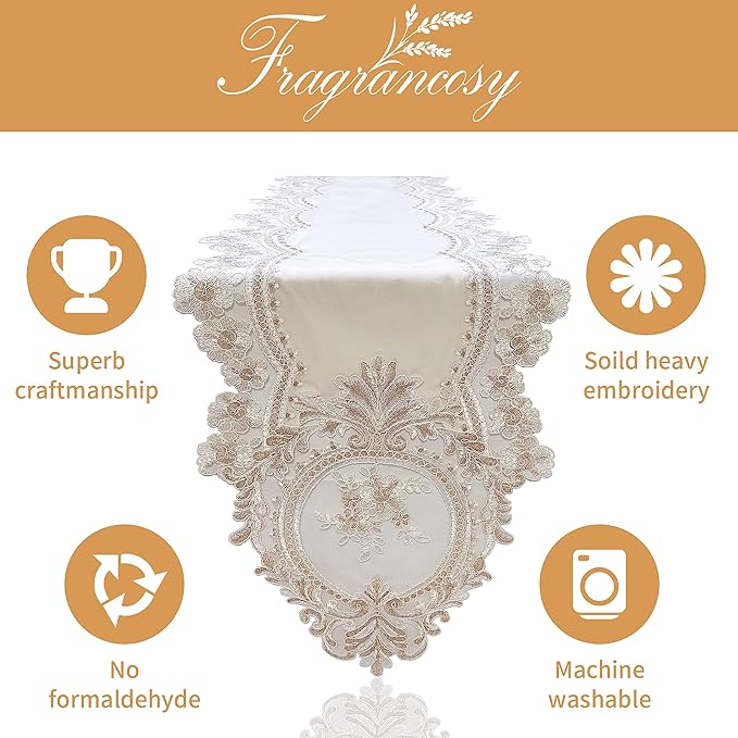 Elegant Vintage Lace Table Runner 72 inches(180cm) Long Beige Gold with Exquisite Macrame and Embroidered Floral Pattern Perfect as a Dresser Scarf (14X72'')