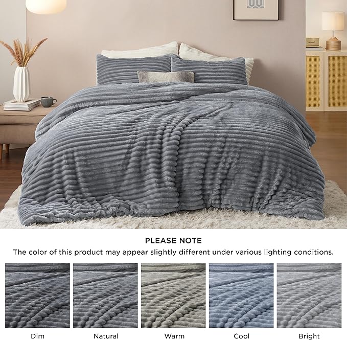 Bedsure Comforter Full Size - GentleSoft™ 3 Pieces Fluffy Double-Side Fleece Comforter Set, Cozy Striped Room Decor Aesthetic, Luxury Grey Full Size Bedding with 2 Pillowcases, 82x86 Inches