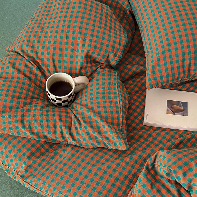 LifeTB Gingham Comforter Set Full Modern Style Orange Green Plaid Grid Comforter Soft Fluffy 3 Pieces Checkered Pattern Comforter Set Farmhouse Gingham Bedding Comforter with 2 Pillowcases