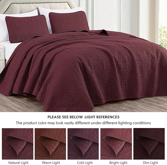 Chezmoi Collection Austin 3-Piece Oversized Bedspread Coverlet Set (Queen, Burgundy)