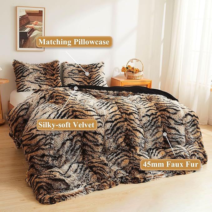 XeGe Tiger Print Fluffy Faux Fur Duvet Cover Set, 3 Pieces Soft Plush Shaggy Fuzzy Bedding Set(1 Faux Fur Animal Comforter Cover + 2 Furry Pillowcases), Zipper Closure(King, Tiger Print Brown)