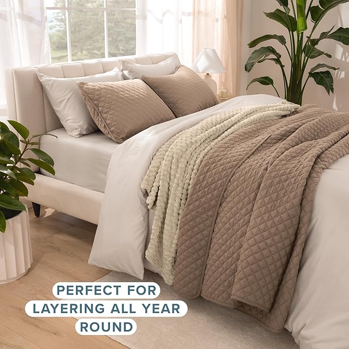 Bare Home Coverlet Set - Full/Queen - Lightweight Bed Decor - Comforter Alternative - All-Season Quilted Bedspread (Full/Queen, Taupe)