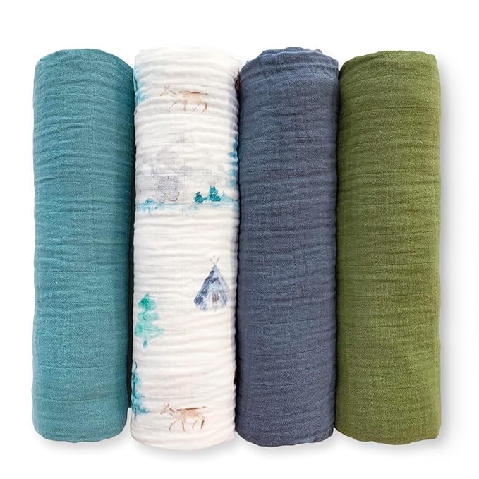 SwaddleDesigns Cotton Muslin Swaddle Blankets for Baby Boy & Baby Girl, Set of 4, Neutral Receiving Blankets for Newborn, Baby Registry & Gift, 46x46 inches, Watercolor Mountains & Trees