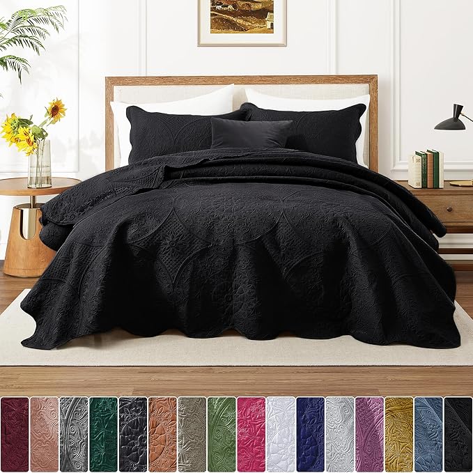 IR Imperial Rooms King Quilt Bedding Set Size (106" x 96") + 2 Pillow Shams (20" x 36"+ 2") - 3 Pcs All Season Lightweight Reversible Microfiber Coverlet Floral Embossed Quilt Bedspread (Black)