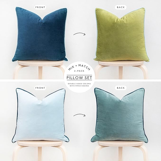 MONDAY MOOSE Decorative Throw Pillow Covers Cushion Cases, Set of 2 Soft Velvet Modern Double-Sided Designs, Mix and Match for Home Decor, Pillow Inserts Not Included (22x22 inch, Green/Blue)