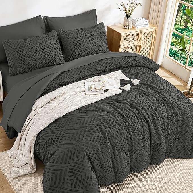 Andency King Size Comforter Set 7 Pieces Dark Grey - Bed in a Bag King Boho Lightweight Fluffy Tufted Bedding Sets with Quilt Comforter, Sheets, Pillowcases & Shams