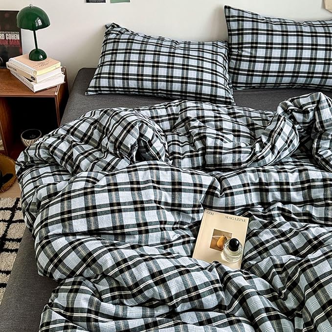 LifeTB 3 Pieces Plaid Comforter Set Full Size, Soft Fluffy Vintage Plaid Checkered Comforter with 2 Pillowcases, Lightweight Breathable Grey Black Gingham Bedding Comforter Farmhouse Grid Bedding Set