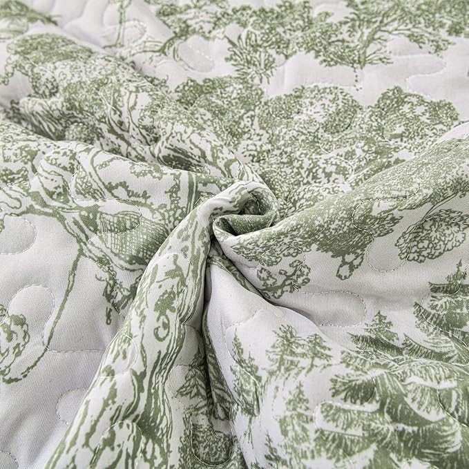 WONGS BEDDING Botanical Quilt Set Full Size, Sage Green 3 Pieces Toile Floral Plants Printed Bedspread Bedding Set Soft Lightweight Microfiber Coverlet Set for All Season (90"x78")