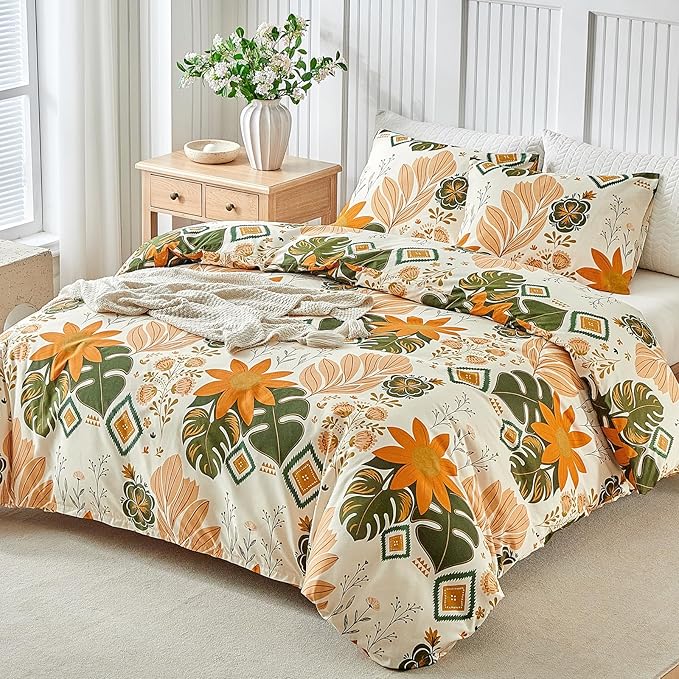Lekesky King Size Reversible Duvet Cover, Duvet Cover King Size 3 Piece Baroque Microfiber Botanical Bedding Set with Zipper Closure Corner Ties